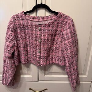 SHEIN CURVE Pink Tweed Chanel-Style Cropped Jacket (Plus Size 1XL) VERY CUTE!